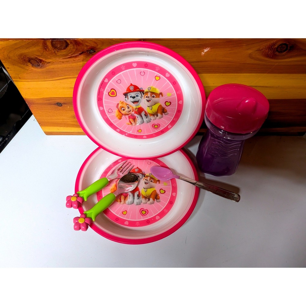 Paw Patrol Kids Feeding Set Skye Marshall Plates Sippy Cup Flower Cutlery Lot